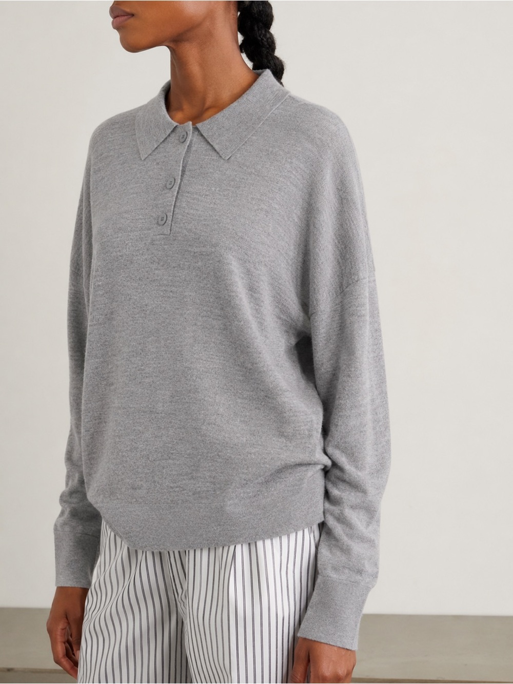 COS Merino Wool Oversized Knit Polo Gray Long Sleeve Sweater Sz M